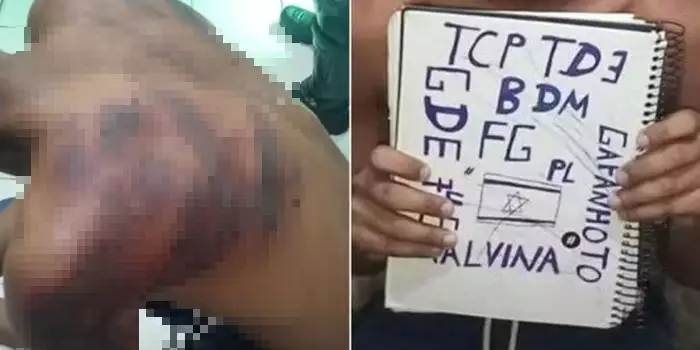 Jovem é sequestrado e agredido por referência a facção em material escola. (Divulgação/PCCE)
