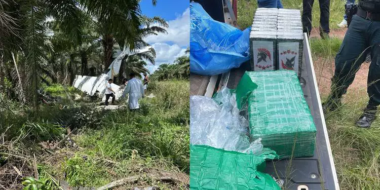 A imagem em destaque mostra o avião que caiu (à esquerda) e a droga que a aeronave transportava (à direita). (Foto: Reprodução | Redes sociais)