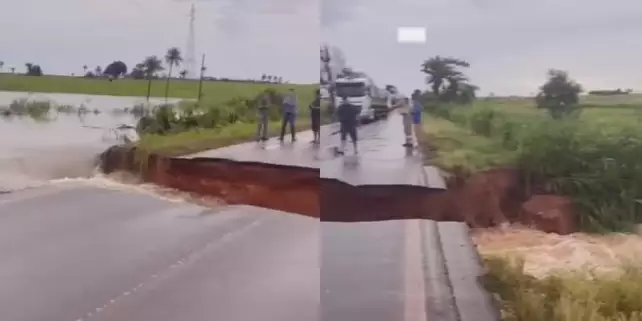 Uma cratera abriu na BR-155 na última quinta-feira (20/02) após chuvas em Sapucaia. (Foto: Reprodução redes sociais)